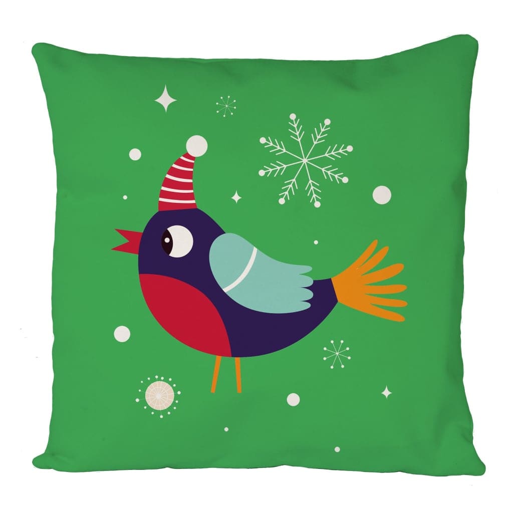 Snowy Bird in Green Cushion Cover